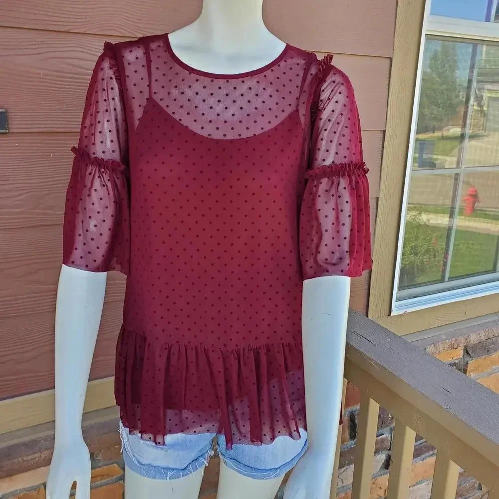 Pleione Sheer Short Sleeve Swiss Dot Blouse - Red - Women's Size Small NWOT